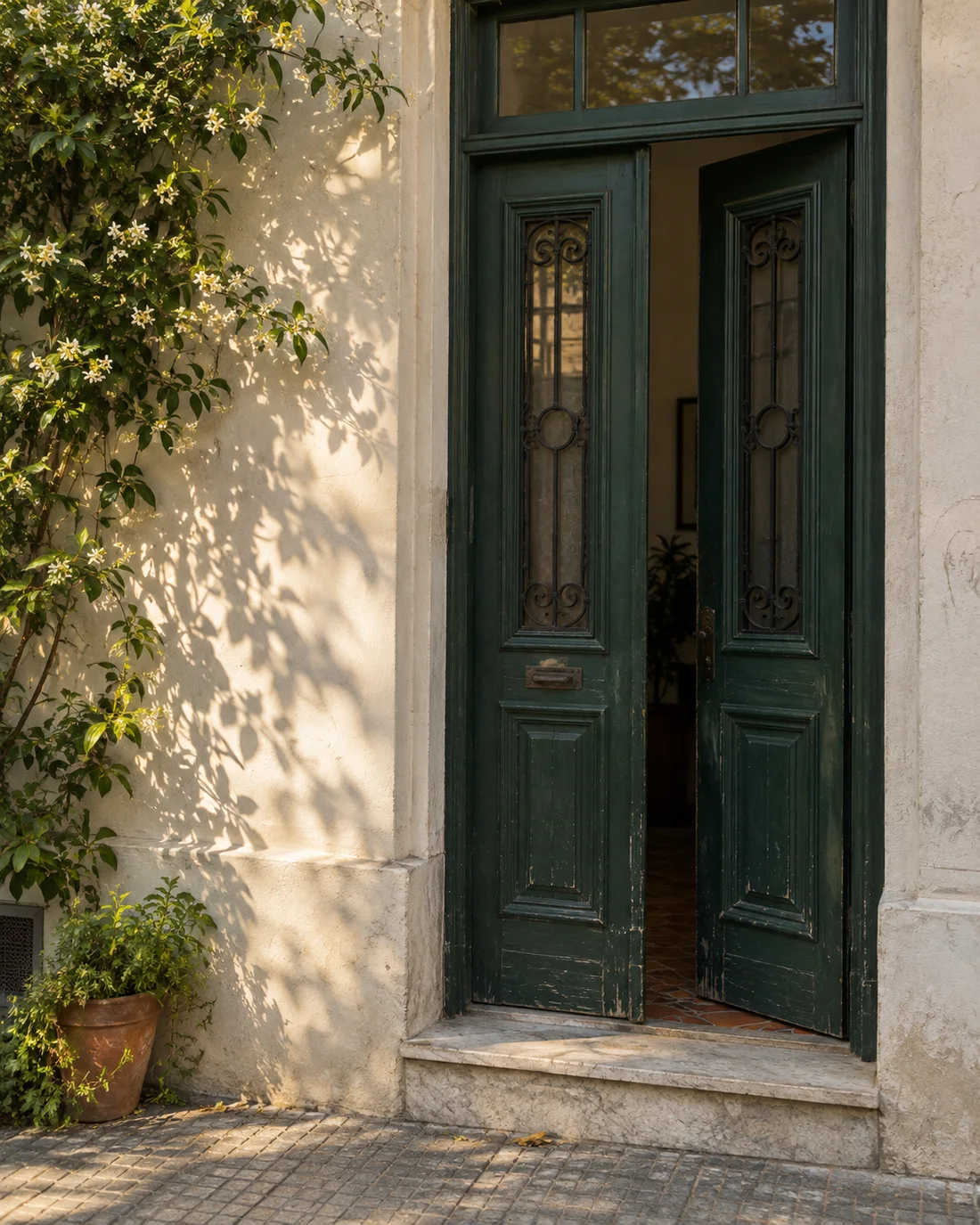 Imagen ilustrativa de una puerta verde entreabierta, con luz de tarde y plantas.